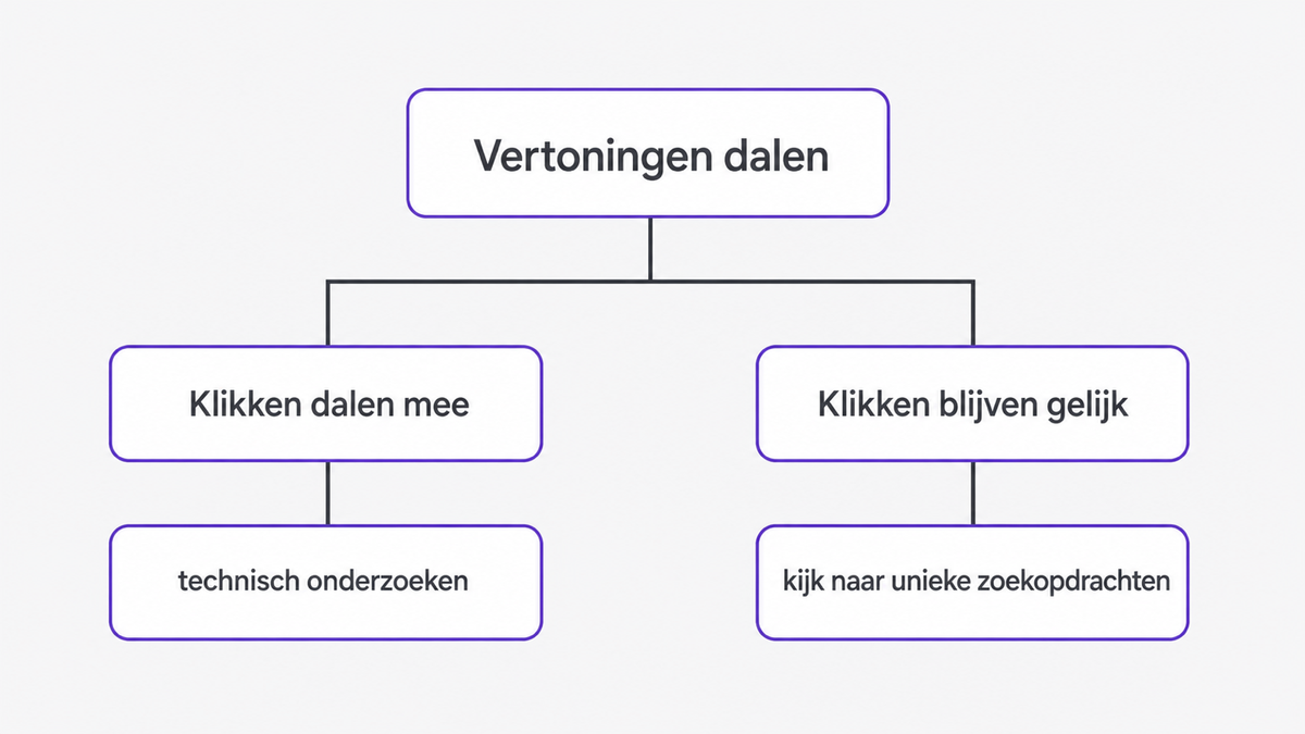 Beslisboom: dalen je vertoningen en je klikken mee, dan technisch onderzoeken; blijven je klikken gelijk, kijk dan naar het aantal unieke zoekopdrachten